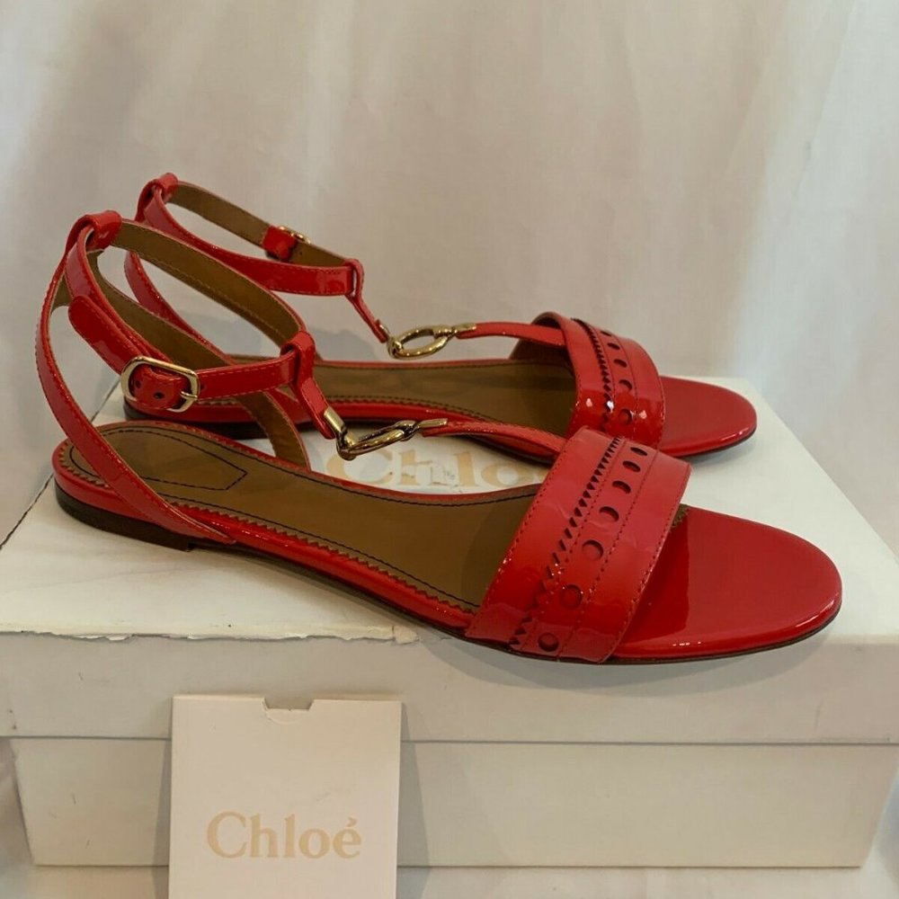 Chloe Perry Ankle Strap Sandals Patent Leather Red NEW Size 39.5 (9.5) $675